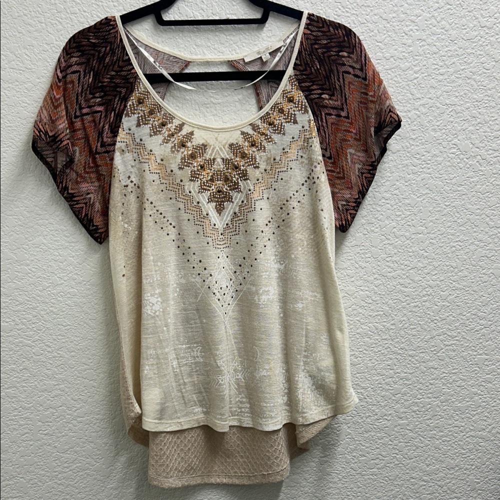 Miss Me Aztec Brown Tan Print Studs Open back short sleeve
